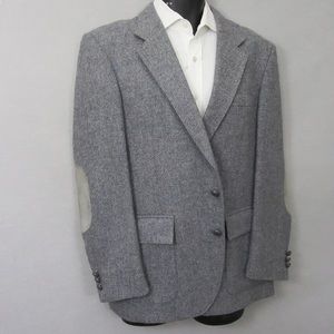 Farah Mens Tweed Wool Sport Coat Sz 42 R Light Gray Leather Buttons Suede Patch